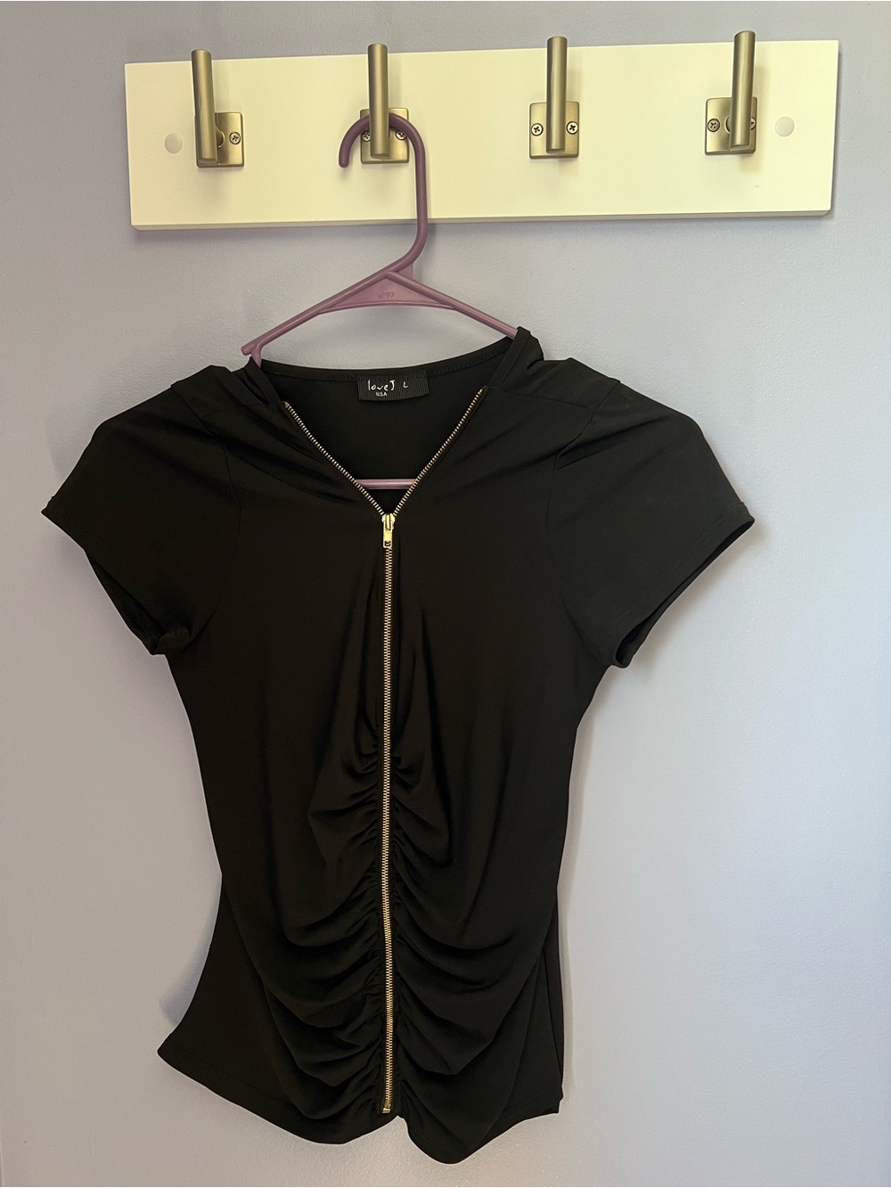love J Black Short-Sleeve Top with Gold Zipper